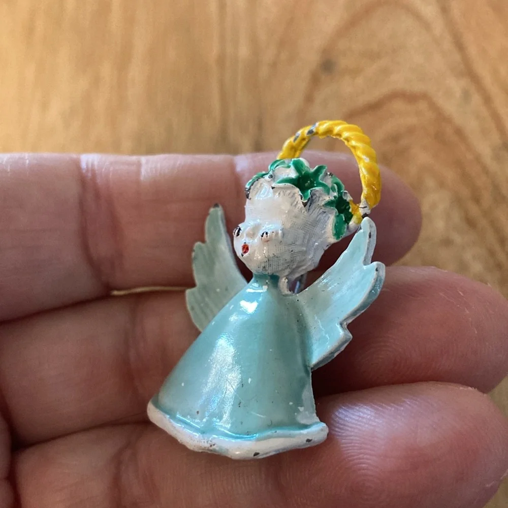 Vintage angel brooch halo light green dress and wings Christmas pin